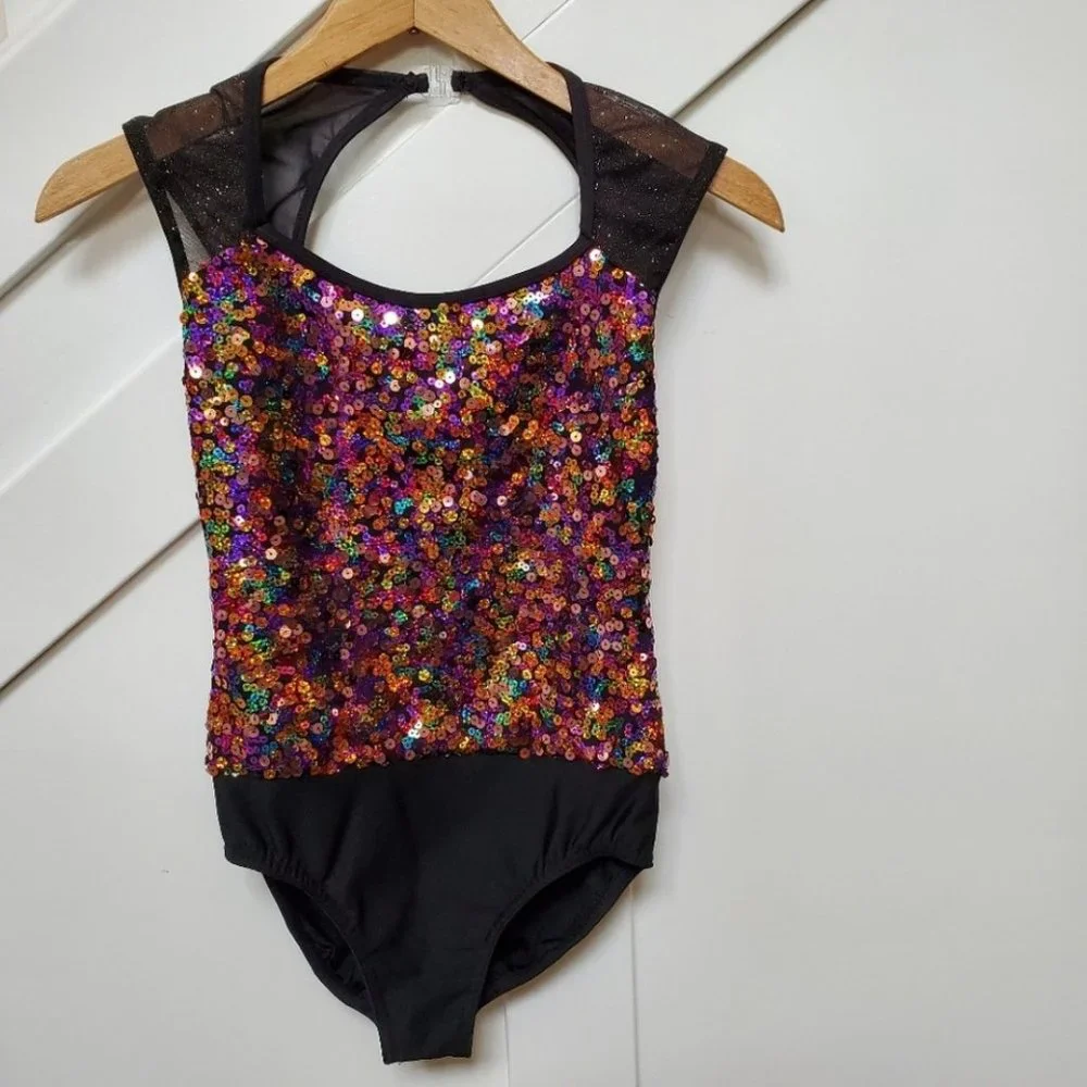 Dance costume leotard multi color sequence w. black sleeves and bottom